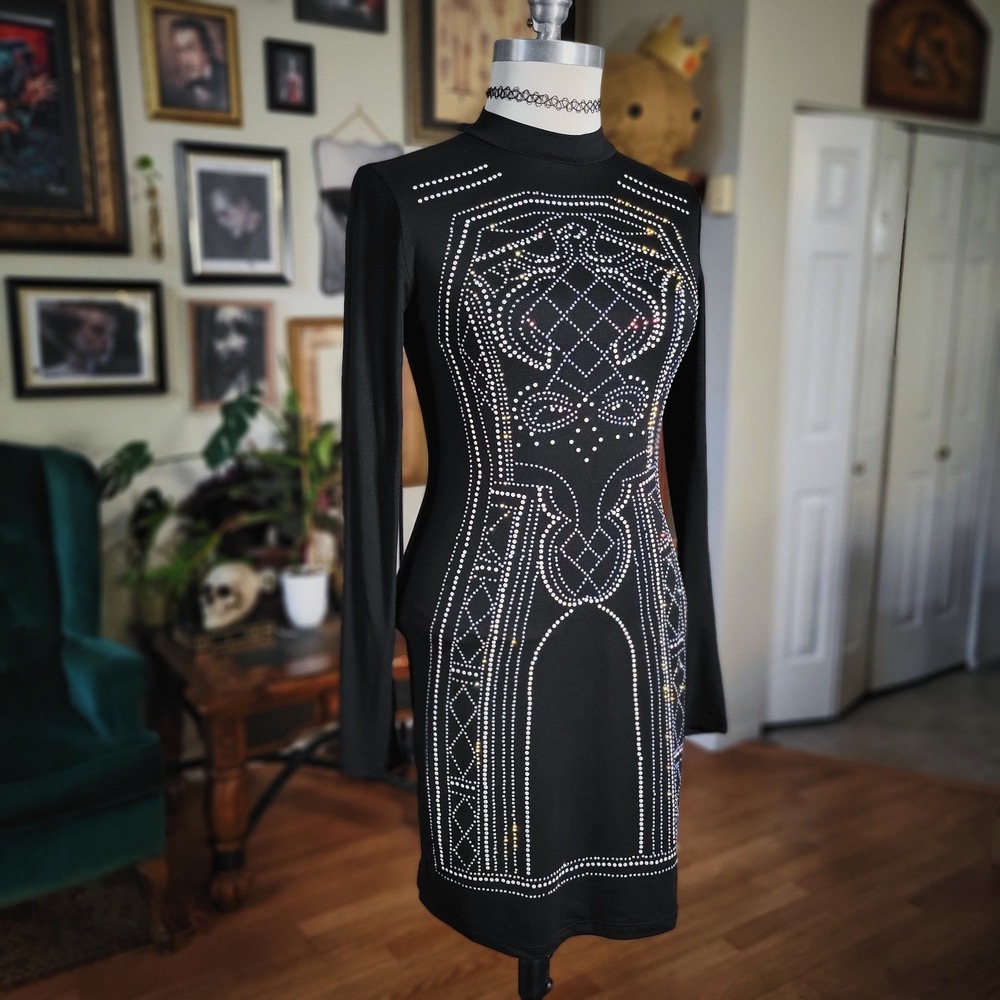Say‎ What Mini Dress Black Rhinestone Studded Mock Neck Long Sleeve Bodycon S